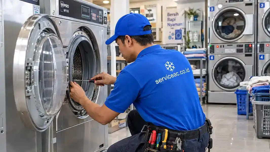 Teknisi sedang service mesin cuci front loading di Bogor BAtat