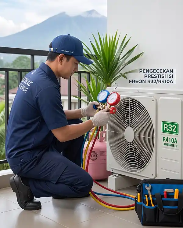pengecekan isi freon r32 r410a unit ac outdoor bogor